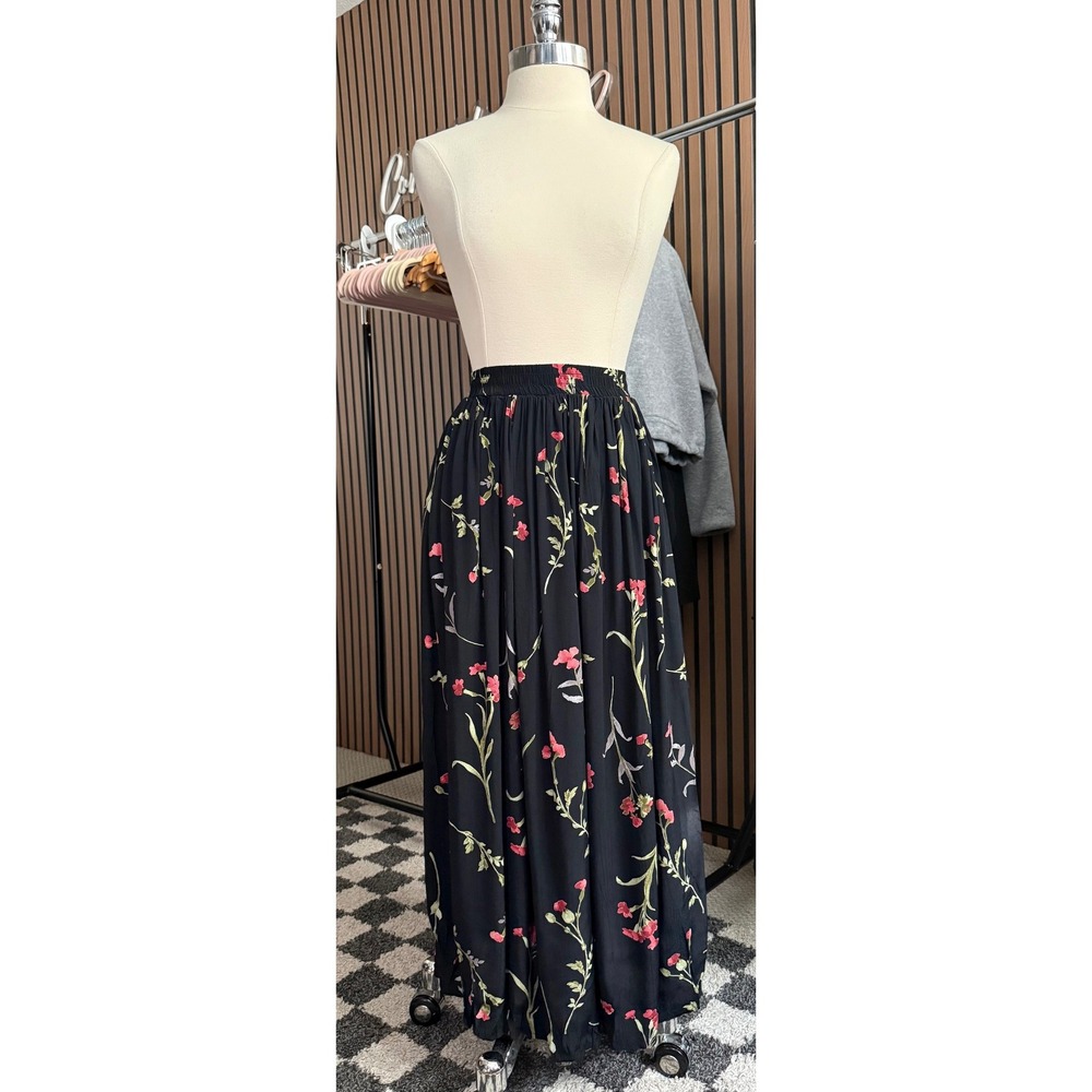 Clio Maxi Skirt Women Medium Black Vintage Floral Elastic Waist High Rise USA